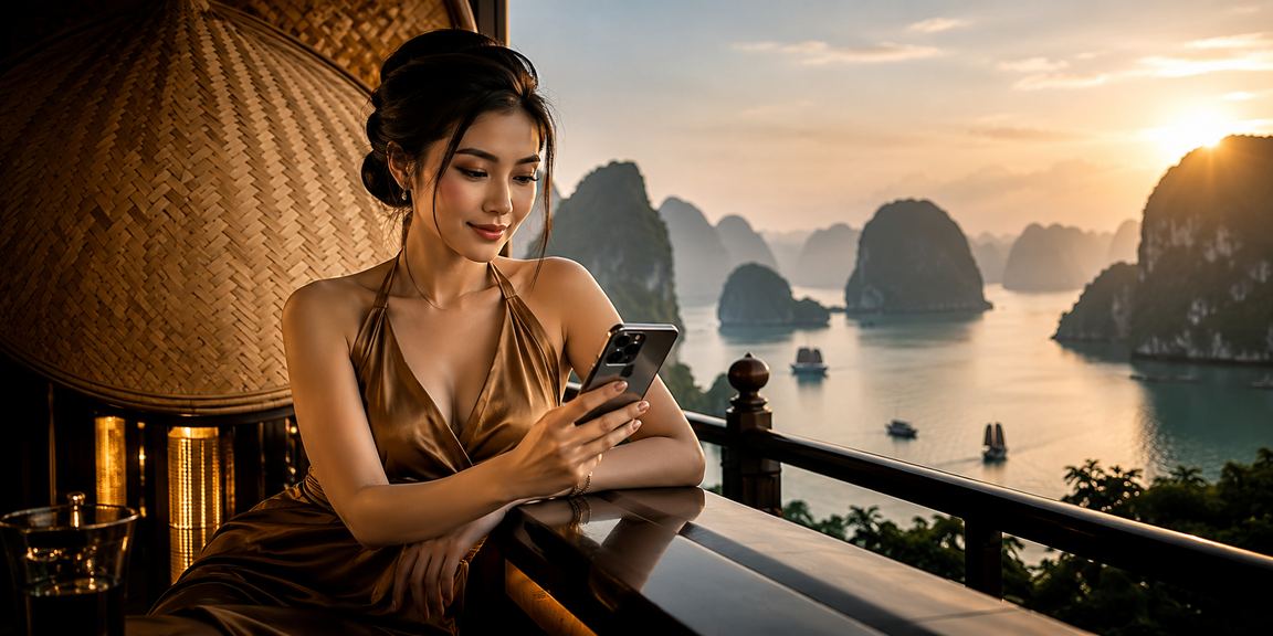 Người chơi thưởng thức Roulette với phong cảnh Hạ Long trên 5g10